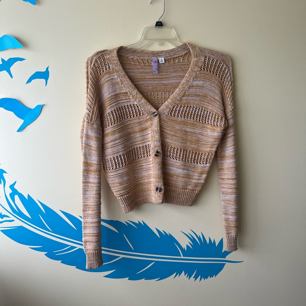 Francesca's Collections Yellow and Cream Cardigan Sweater V-Neck